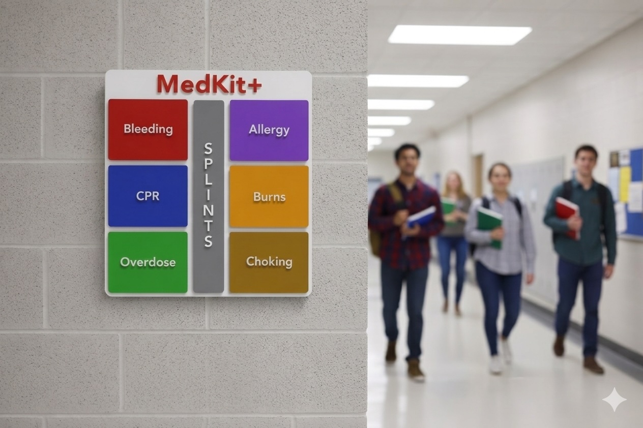 MedKit+ wall-mounted emergency response unit in a school hallway